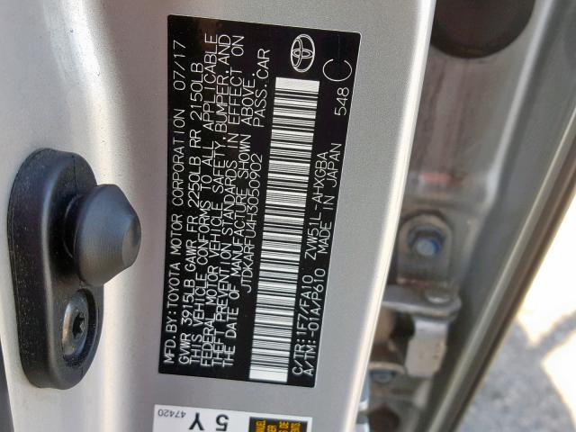 JTDKARFU4H3050902 - 2017 TOYOTA PRIUS SILVER photo 10