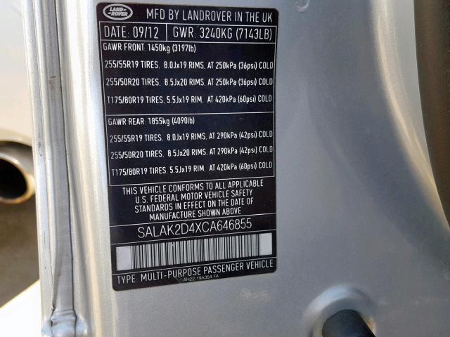 SALAK2D4XCA646855 - 2012 LAND ROVER LR4 HSE LU SILVER photo 10