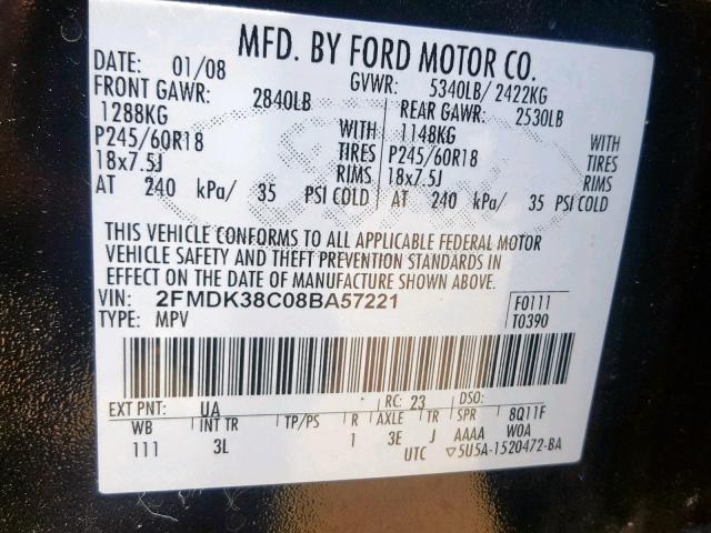 2FMDK38C08BA57221 - 2008 FORD EDGE SEL BLACK photo 10