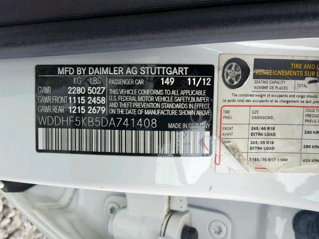 WDDHF5KB5DA741408 - 2013 MERCEDES-BENZ E 350 WHITE photo 10