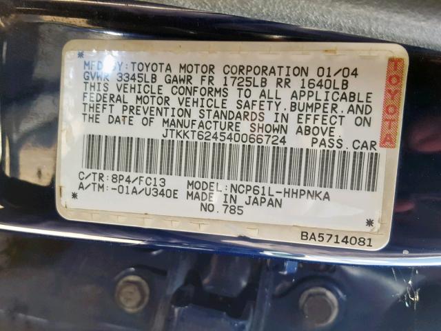 JTKKT624540066724 - 2004 TOYOTA SCION XA BLUE photo 10