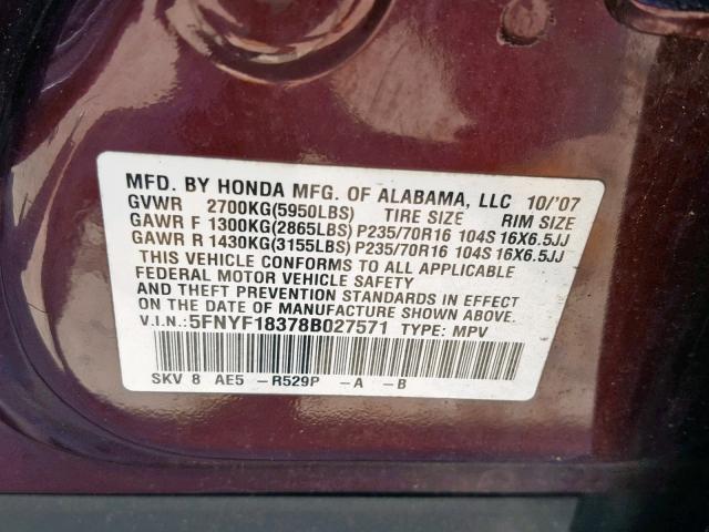 5FNYF18378B027571 - 2008 HONDA PILOT SE MAROON photo 10