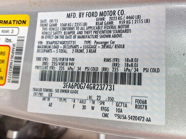 3FA6P0G74GR237731 - 2016 FORD FUSION S SILVER photo 10