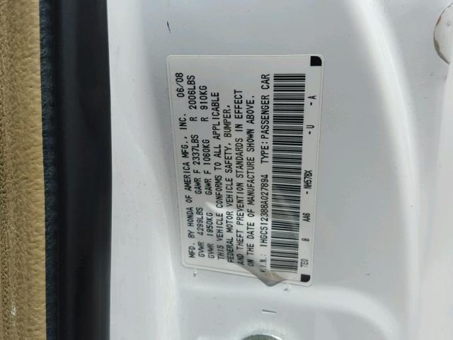 1HGCS12388A027894 - 2008 HONDA ACCORD LX- WHITE photo 10