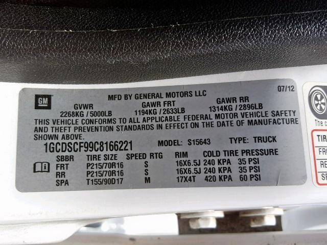 1GCDSCF99C8166221 - 2012 CHEVROLET COLORADO L WHITE photo 10