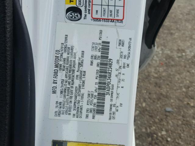 3FADP0L34AR234829 - 2010 FORD FUSION HYB WHITE photo 10