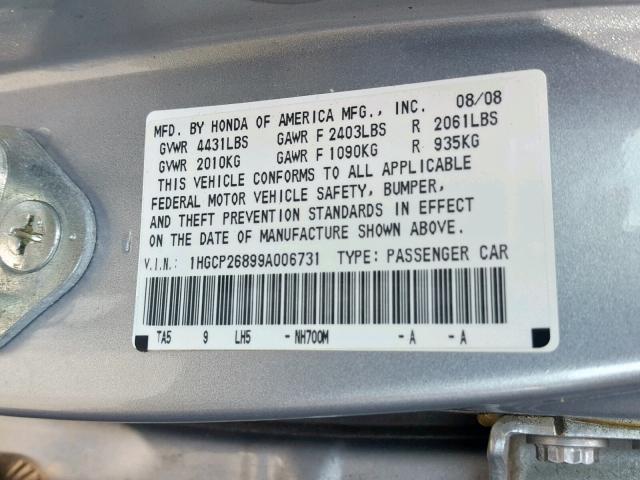 1HGCP26899A006731 - 2009 HONDA ACCORD EXL SILVER photo 10