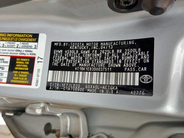 4T1BK1EB3DU037511 - 2013 TOYOTA AVALON BAS SILVER photo 10