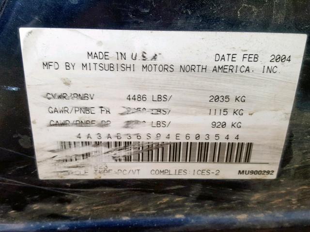 4A3AB36S94E603544 - 2004 MITSUBISHI GALANT LS BLUE photo 10