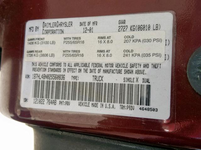 1B7HL48N02S560836 - 2002 DODGE DAKOTA QUA MAROON photo 10