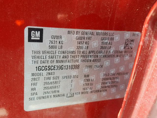 1GCGSCE39G1310388 - 2016 CHEVROLET COLORADO L MAROON photo 10