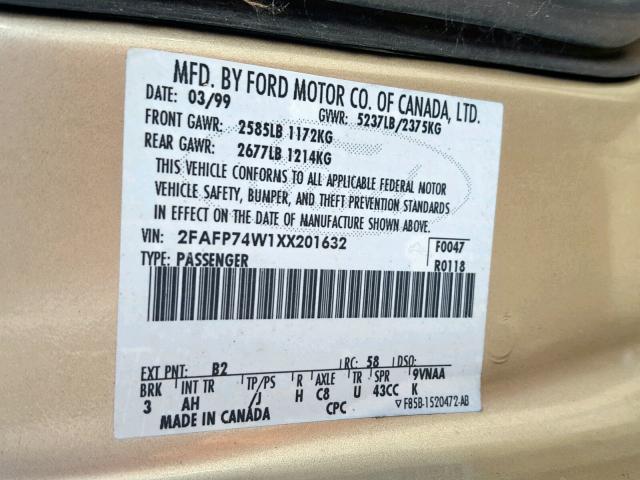 2FAFP74W1XX201632 - 1999 FORD CROWN VICT GOLD photo 10