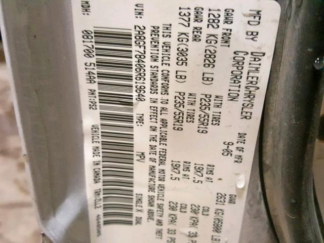 2A8GF78406R619640 - 2006 CHRYSLER PACIFICA L SILVER photo 10