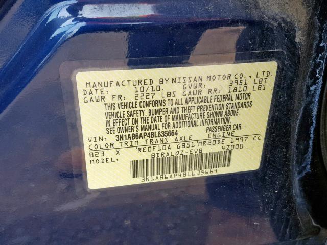 3N1AB6AP4BL635664 - 2011 NISSAN SENTRA 2.0 BLUE photo 10