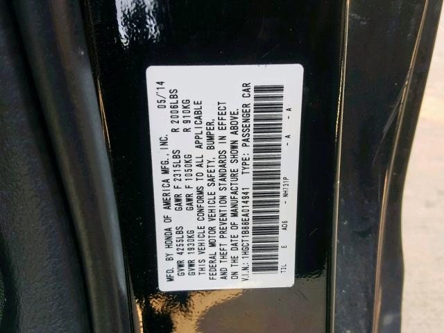 1HGCT1B88EA014941 - 2014 HONDA ACCORD EXL BLACK photo 10