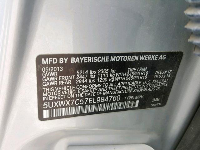 5UXWX7C57EL984760 - 2014 BMW X3 XDRIVE3 SILVER photo 10