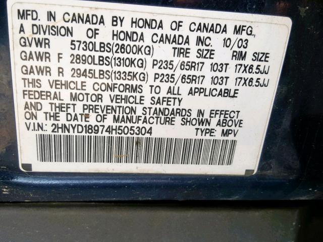 2HNYD18974H505304 - 2004 ACURA MDX TOURIN BLUE photo 10