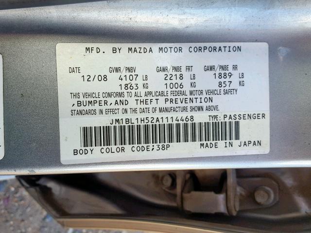 JM1BL1H52A1114468 - 2010 MAZDA 3 S SILVER photo 10