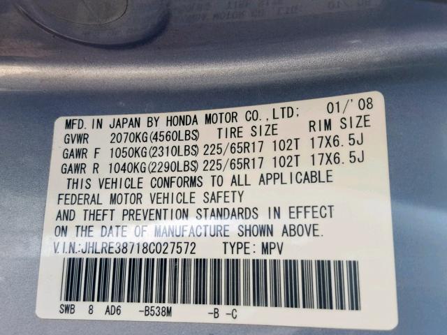 JHLRE38718C027572 - 2008 HONDA CR-V EXL SILVER photo 10