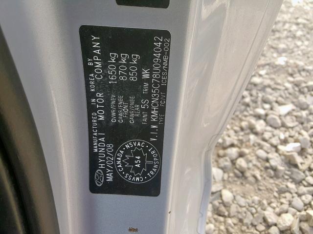 KMHCN35C78U094042 - 2008 HYUNDAI ACCENT BAS SILVER photo 10