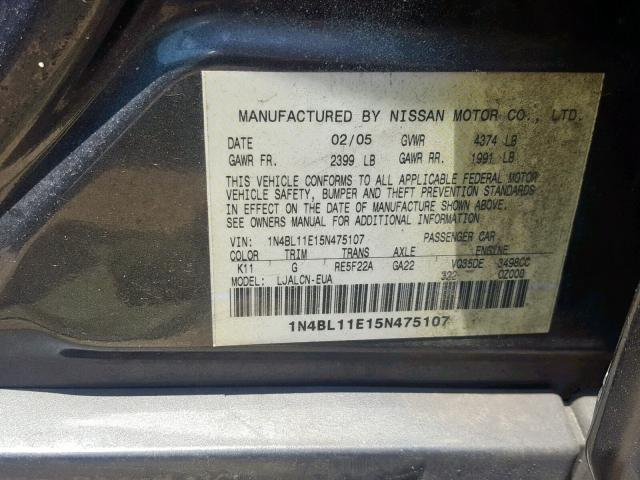 1N4BL11E15N475107 - 2005 NISSAN ALTIMA SE GRAY photo 10