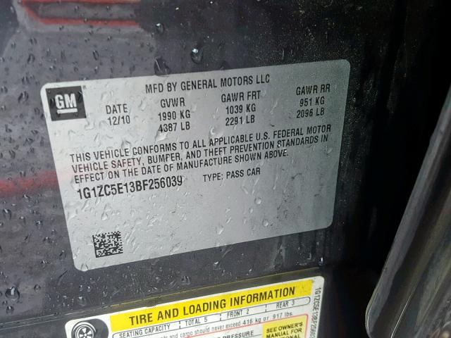 1G1ZC5E13BF256039 - 2011 CHEVROLET MALIBU 1LT ნაცრისფერი ფოტო 10