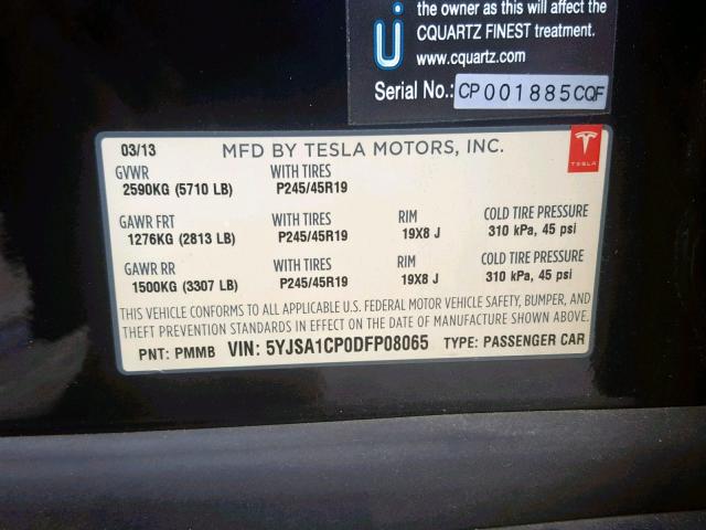 5YJSA1CP0DFP08065 - 2013 TESLA MODEL S أسود صورة 10