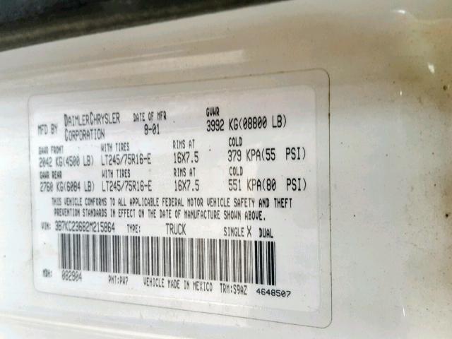 3B7KC23682M215864 - 2002 DODGE RAM 2500 WHITE photo 10