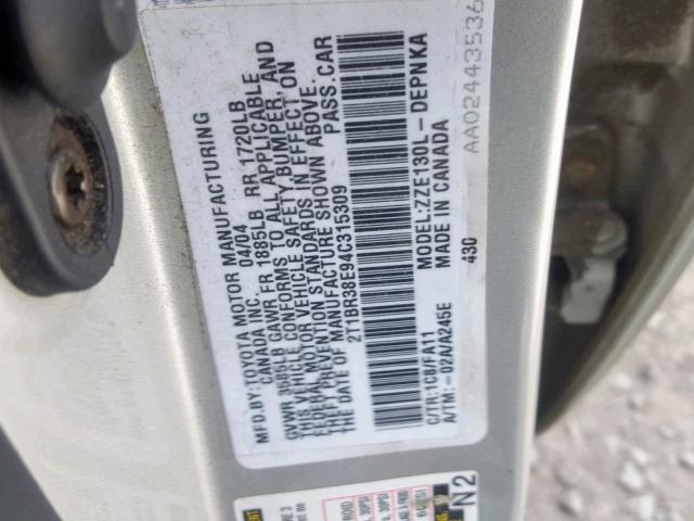 2T1BR38E94C315309 - 2004 TOYOTA COROLLA CE SILVER photo 10