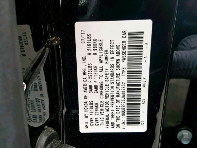 19UUB2F35JA005832 - 2018 ACURA TLX BLACK photo 10