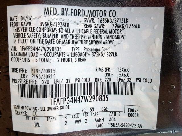 1FAFP34N47W290835 - 2007 FORD FOCUS ZX4 GRAY photo 10
