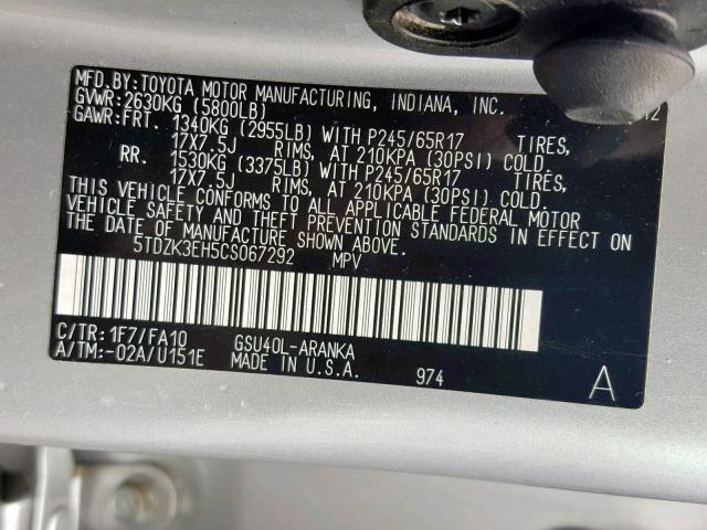 5TDZK3EH5CS067292 - 2012 TOYOTA HIGHLANDER SILVER photo 10