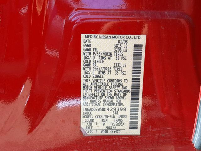 1N6AD07W58C429399 - 2008 NISSAN FRONTIER C RED photo 10