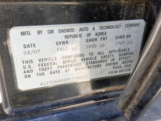 KL1TD56697B179008 - 2007 CHEVROLET AVEO BASE შავი ფოტო 10