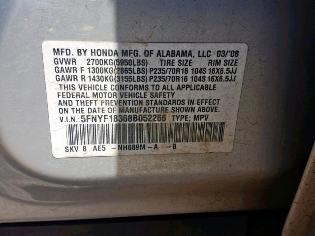 5FNYF18368B052266 - 2008 HONDA PILOT SE SILVER photo 10