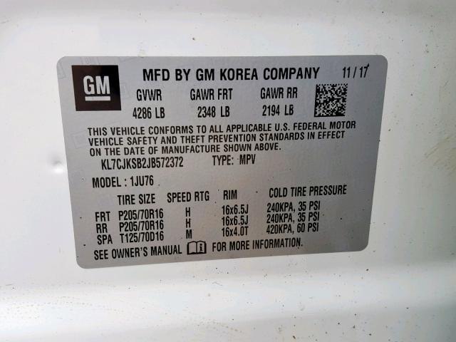 KL7CJKSB2JB572372 - 2018 CHEVROLET TRAX LS WHITE photo 10