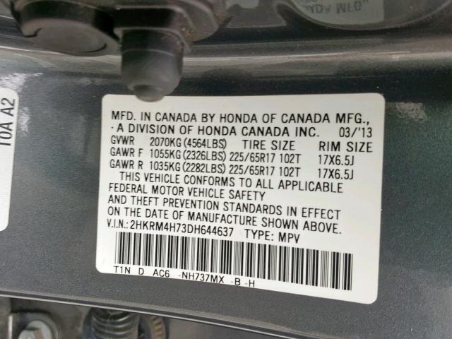 2HKRM4H73DH644637 - 2013 HONDA CR-V EXL GRAY photo 10