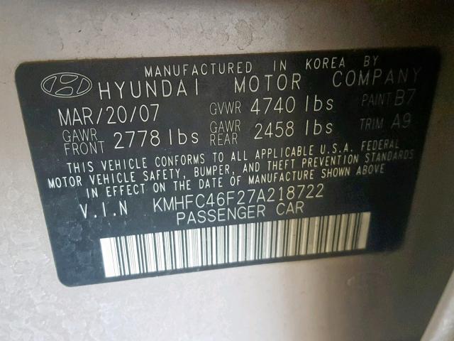 KMHFC46F27A218722 - 2007 HYUNDAI AZERA SE TAN photo 10