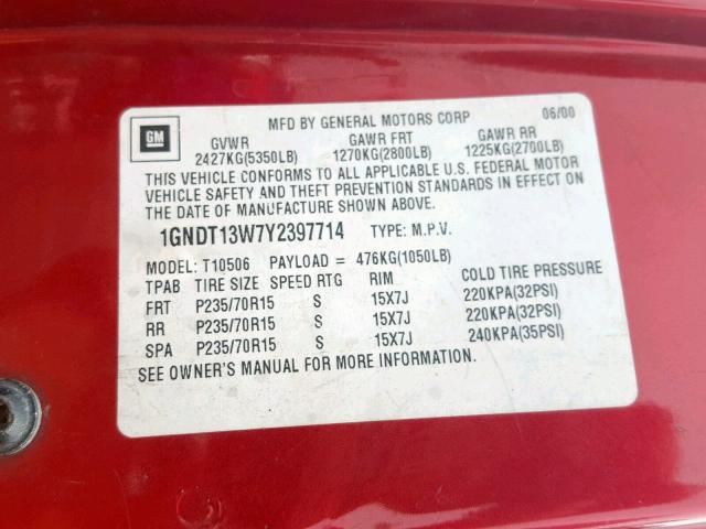 1GNDT13W7Y2397714 - 2000 CHEVROLET BLAZER MAROON photo 10