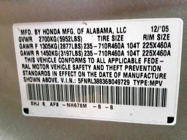 5FNRL38836B049729 - 2006 HONDA ODYSSEY TO SILVER photo 10