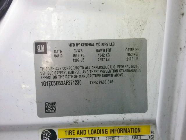 1G1ZC5EB3AF271230 - 2010 CHEVROLET MALIBU 1LT 白色 照片 10