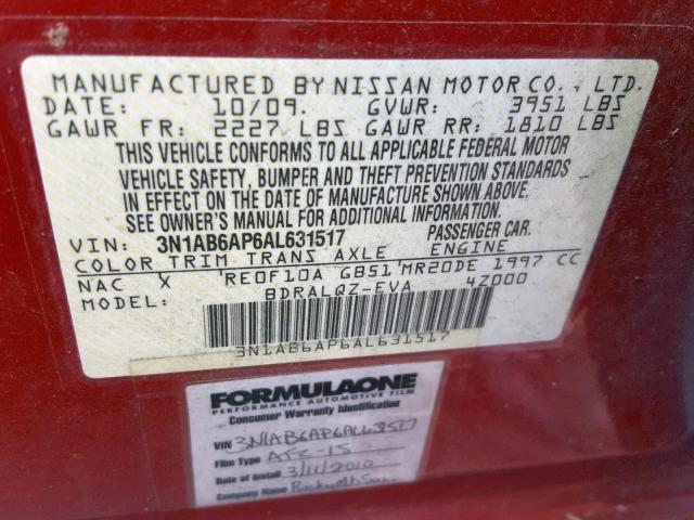 3N1AB6AP6AL631517 - 2010 NISSAN SENTRA 2.0 RED photo 10