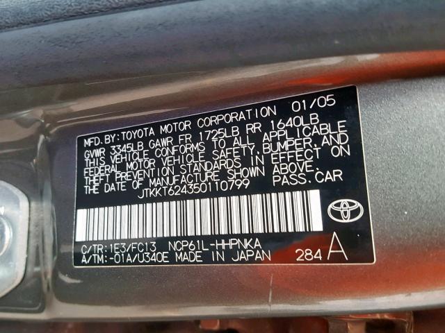 JTKKT624350110799 - 2005 TOYOTA SCION XA GRAY photo 10