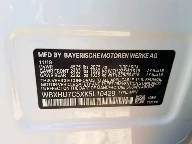 WBXHU7C5XK5L10429 - 2019 BMW X1 SDRIVE2 SILVER photo 10