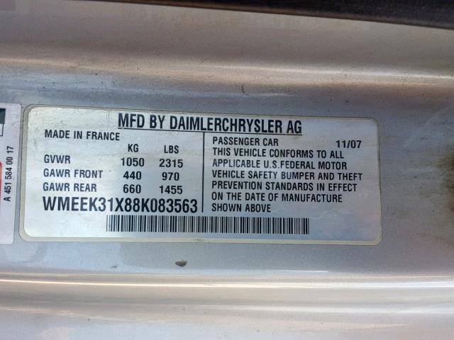 WMEEK31X88K083563 - 2008 SMART FORTWO PAS 蓝色 照片 10