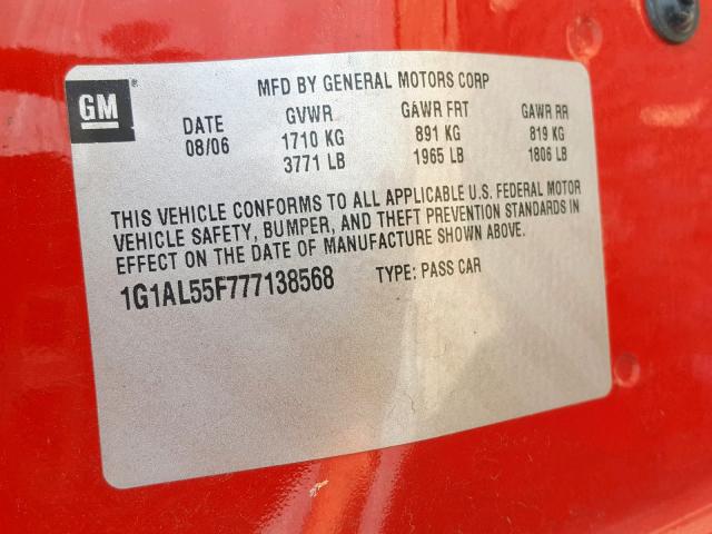 1G1AL55F777138568 - 2007 CHEVROLET COBALT LT RED photo 10