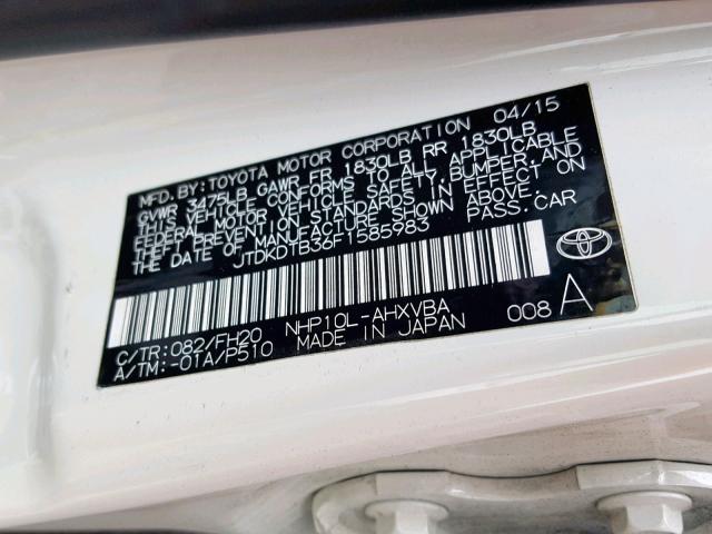 JTDKDTB36F1585983 - 2015 TOYOTA PRIUS C WHITE photo 10