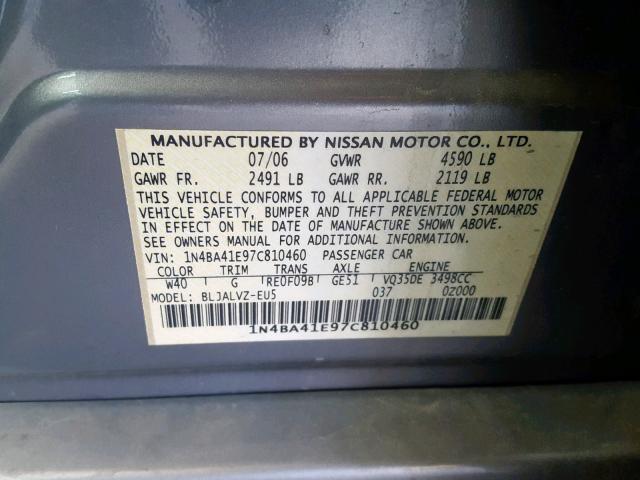 1N4BA41E97C810460 - 2007 NISSAN MAXIMA SE GRAY photo 10