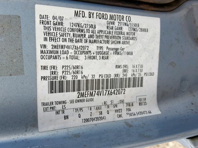 2MEFM74V17X642072 - 2007 MERCURY GRAND MARQ BLUE photo 10