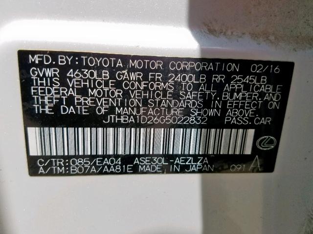 JTHBA1D26G5022832 - 2016 LEXUS IS 200T WHITE photo 10